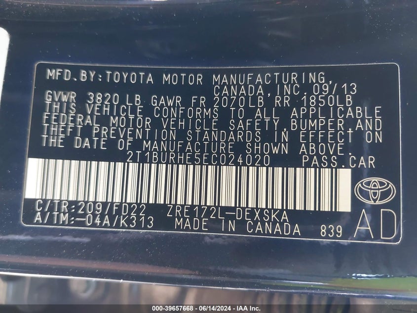 2014 Toyota Corolla S VIN: 2T1BURHE5EC024020 Lot: 39657668