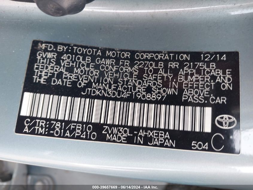 2015 Toyota Prius Two VIN: JTDKN3DU4F1908897 Lot: 39657669