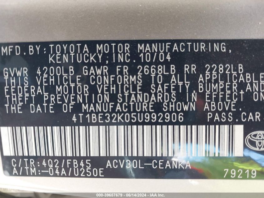 2005 Toyota Camry Le VIN: 4T1BE32K05U992906 Lot: 39657679