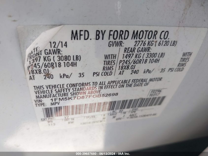 2015 Ford Explorer Xlt VIN: 1FM5K7D87FGB52698 Lot: 39657680