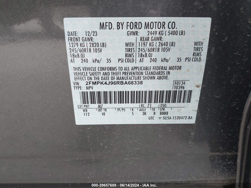 2024 Ford Edge Sel VIN: 2FMPK4J96RBA68338 Lot: 39657688