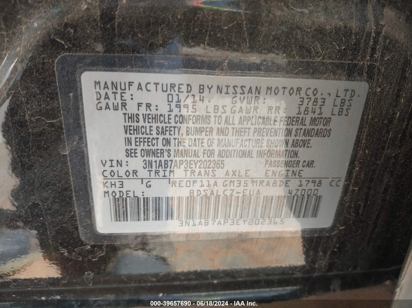 2014 Nissan Sentra S VIN: 3N1AB7AP3EY202365 Lot: 39657690