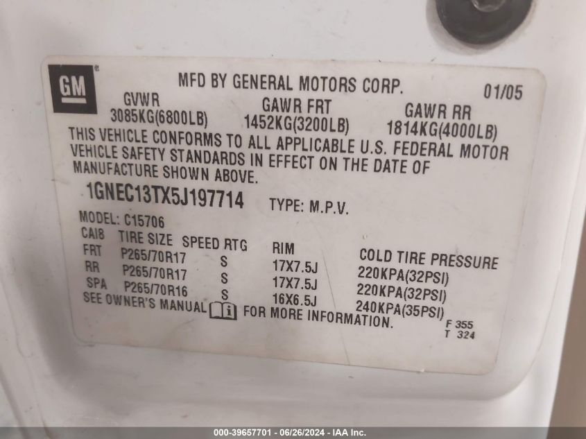 2005 Chevrolet Tahoe Lt VIN: 1GNEC13TX5J197714 Lot: 39657701