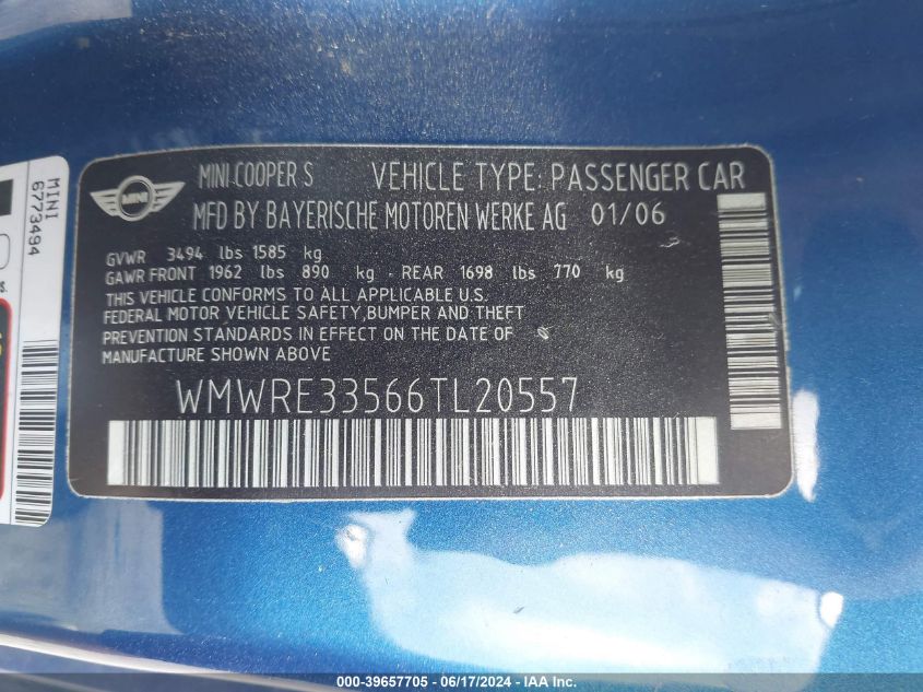 2006 Mini Cooper S VIN: WMWRE33566TL20557 Lot: 39657705