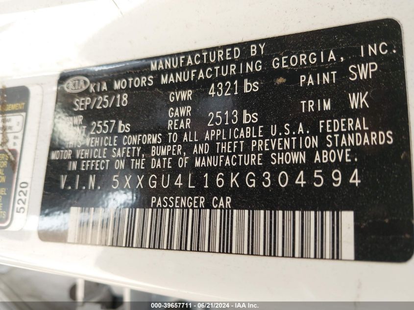 2019 Kia Optima Ex VIN: 5XXGU4L16KG304594 Lot: 39657711