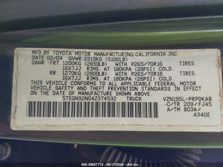 2004 Toyota Tacoma Prerunner V6 VIN: 5TEGN92N04Z374532 Lot: 39657712