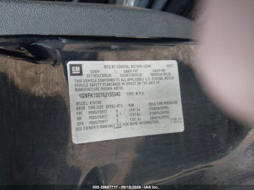 2008 Chevrolet Tahoe Lt VIN: 1GNFK13078J136340 Lot: 39657717
