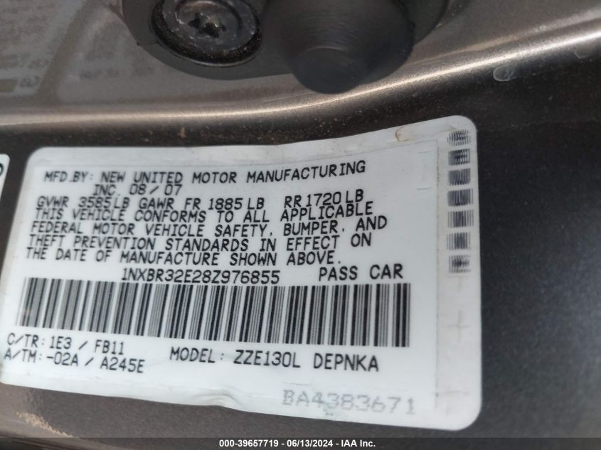 2008 Toyota Corolla Le VIN: 1NXBR32E28Z976855 Lot: 39657719