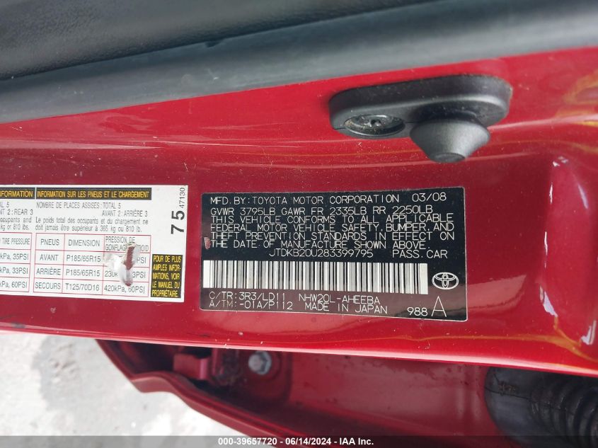 2008 Toyota Prius VIN: JTDKB20U283399795 Lot: 39657720