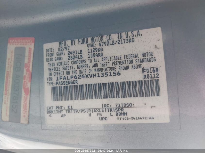1997 Ford Thunderbird Lx VIN: 1FALP624XVH135156 Lot: 39657722