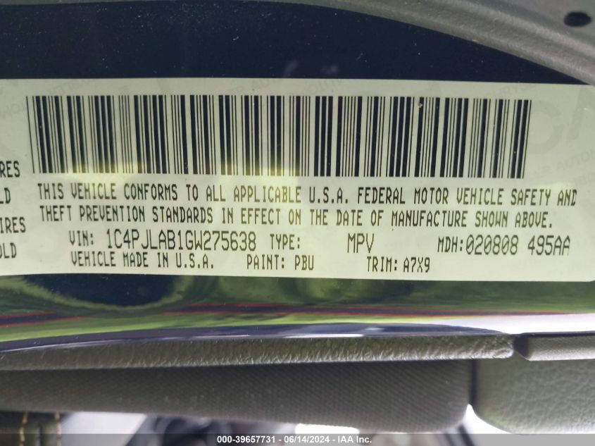 2016 Jeep Cherokee Sport VIN: 1C4PJLAB1GW275638 Lot: 39657731