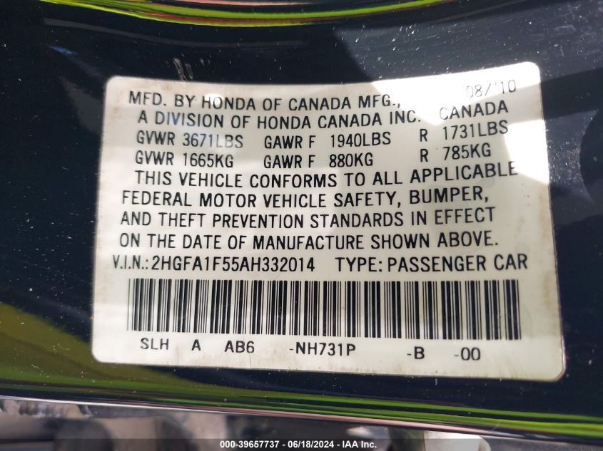 2010 Honda Civic Lx VIN: 2HGFA1F55AH332014 Lot: 39657737