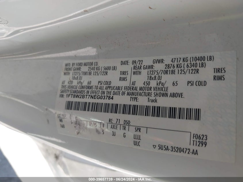 2022 Ford F-250 Xlt VIN: 1FT8W2BT7NEG03784 Lot: 39657739