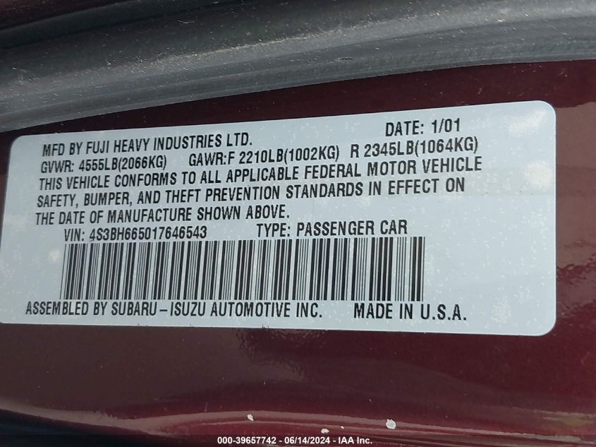 2001 Subaru Outback VIN: 4S3BH665017646543 Lot: 39657742