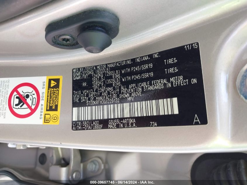 2016 Toyota Highlander Limited Platinum V6 VIN: 5TDDKRFH3GS229132 Lot: 39657745