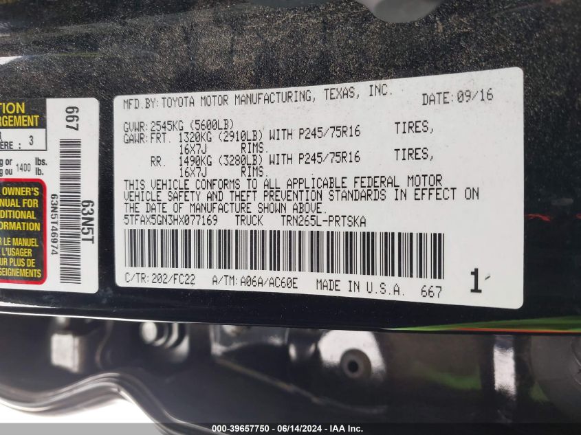 2017 Toyota Tacoma Sr5 VIN: 5TFAX5GN3HX077169 Lot: 39657750