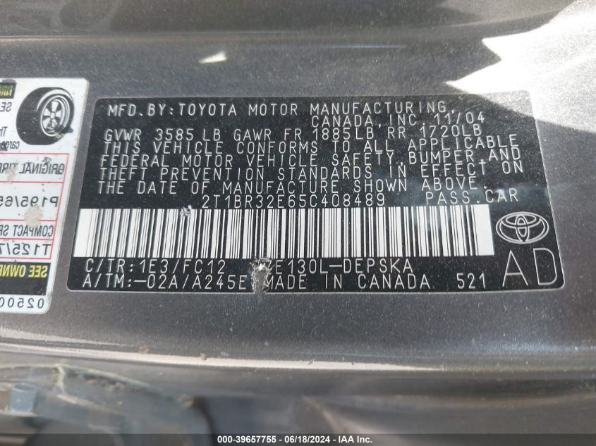 2005 Toyota Corolla S VIN: 2T1BR32E65C408489 Lot: 39657755