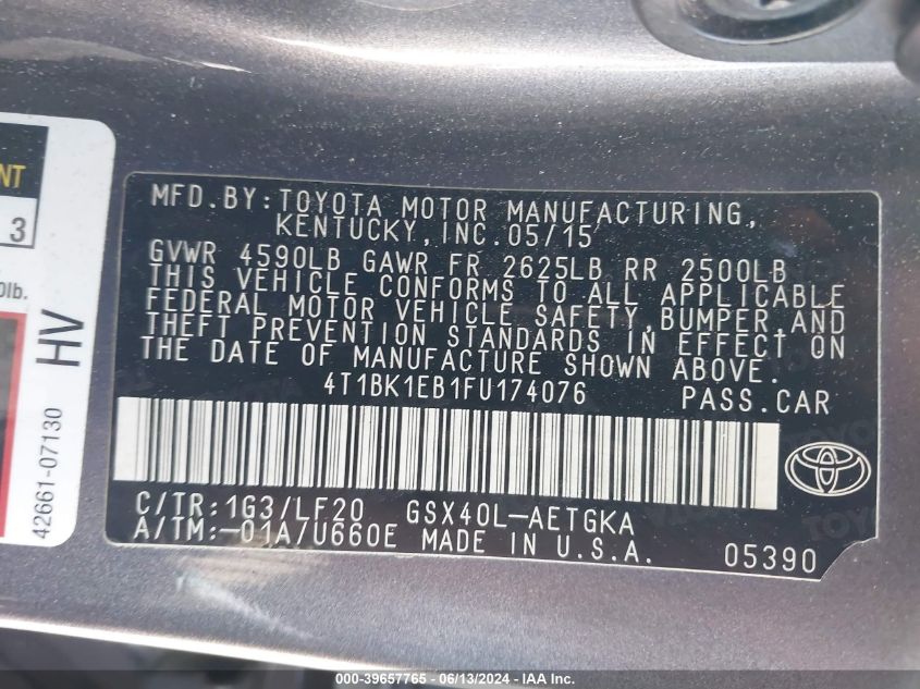 2015 Toyota Avalon Xle Premium VIN: 4T1BK1EB1FU174076 Lot: 39657765