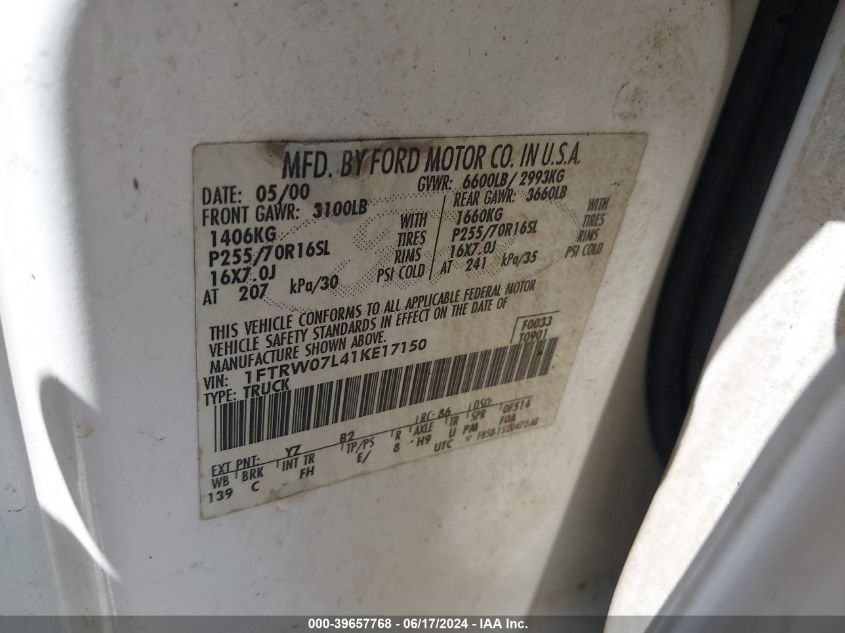 2001 Ford F-150 VIN: 1FTRW07L41KE17150 Lot: 39657768