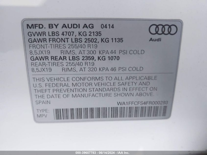 2015 Audi Q3 2.0T Premium Plus VIN: WA1FFCFS4FR000293 Lot: 39657783