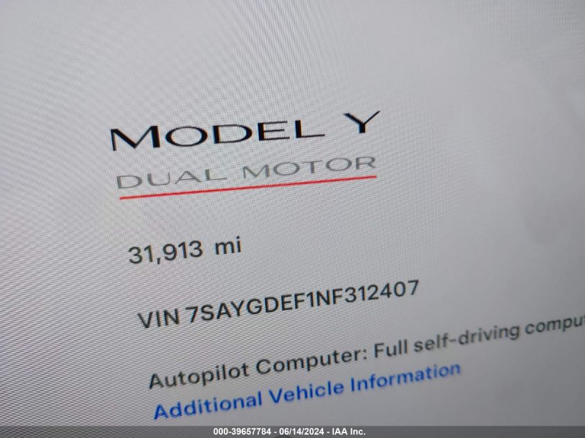 2022 TESLA MODEL Y PERFORMANCE DUAL MOTOR ALL-WHEEL DRIVE - 7SAYGDEF1NF312407