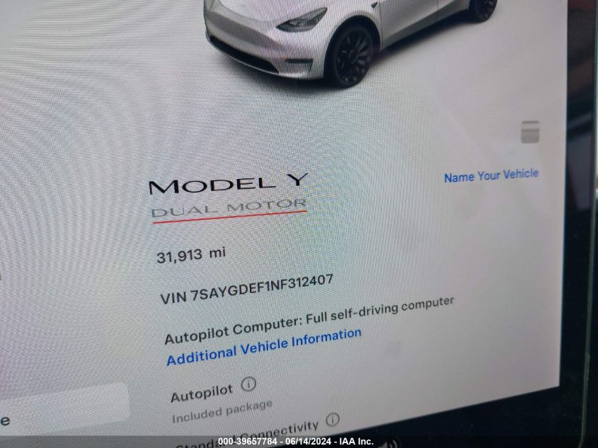 2022 TESLA MODEL Y PERFORMANCE DUAL MOTOR ALL-WHEEL DRIVE - 7SAYGDEF1NF312407