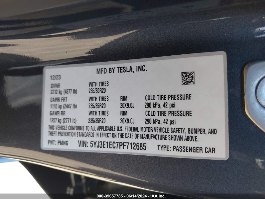 2023 Tesla Model 3 Performance Dual Motor All-Wheel Drive VIN: 5YJ3E1EC7PF712685 Lot: 39657785