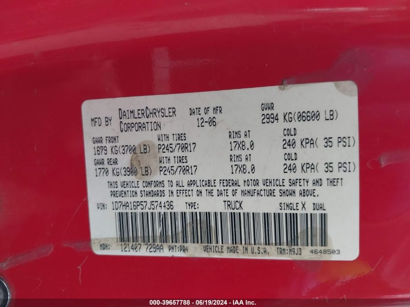 2007 Dodge Ram 1500 Slt VIN: 1D7HA16P57J574436 Lot: 39657788