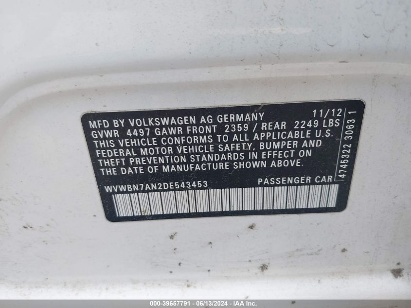 2013 Volkswagen Cc 2.0T R-Line VIN: WVWBN7AN2DE543453 Lot: 39657791