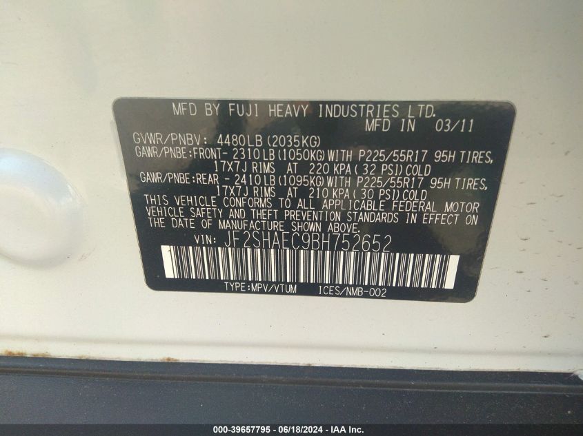 2011 Subaru Forester 2.5X Limited VIN: JF2SHAEC9BH752652 Lot: 39657795