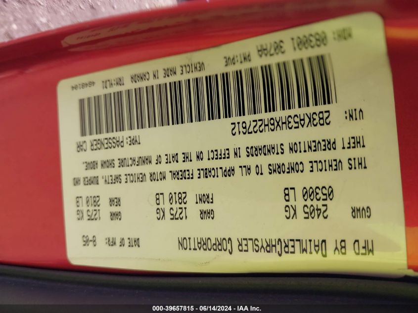 2006 Dodge Charger Rt VIN: 2B3KA53HX6H227612 Lot: 39657815