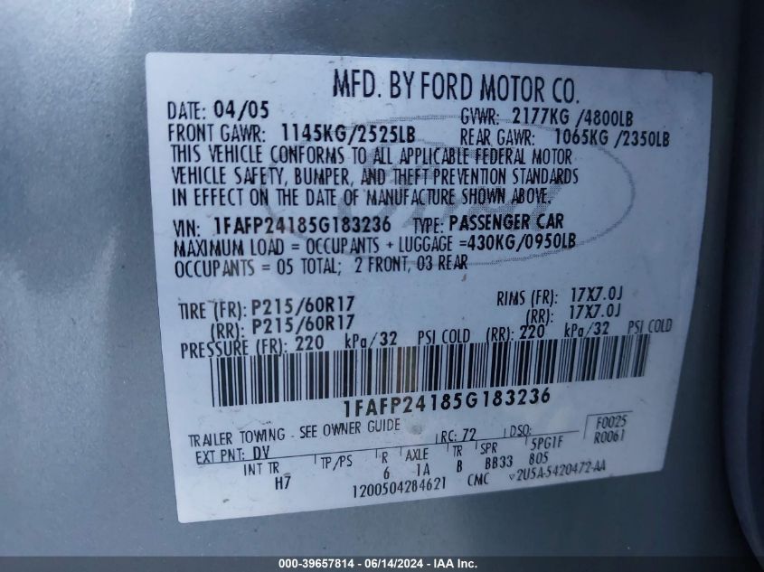 2005 Ford Five Hundred Sel VIN: 1FAFP24185G183236 Lot: 39657814