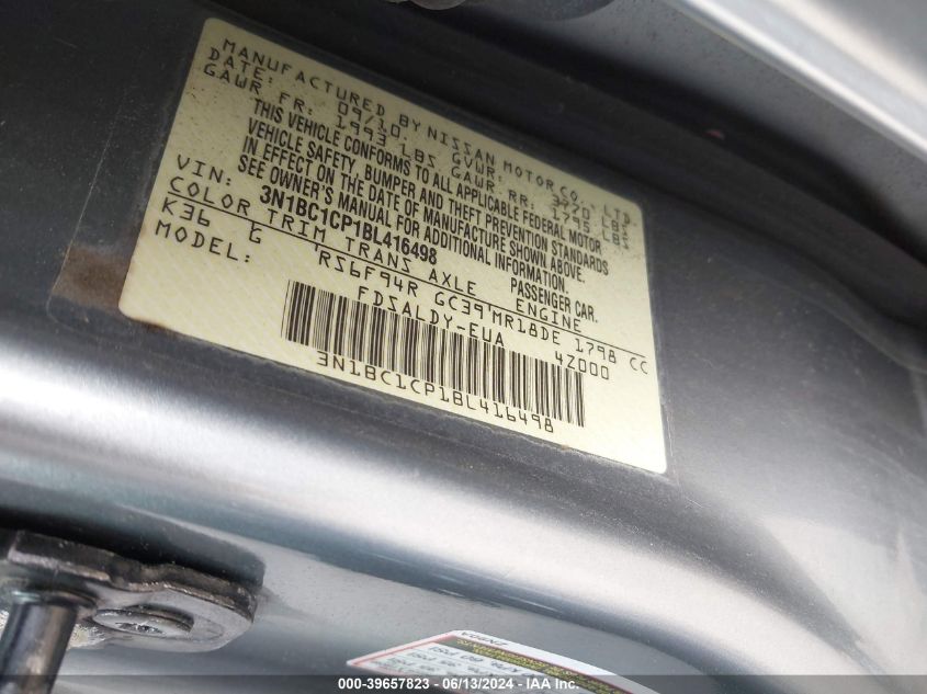 2011 Nissan Versa 1.8S VIN: 3N1BC1CP1BL416498 Lot: 39657823