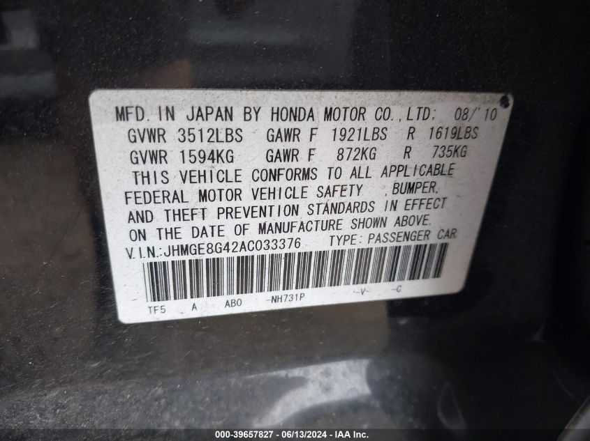 2010 Honda Fit Sport VIN: JHMGE8G42AC033376 Lot: 39657827