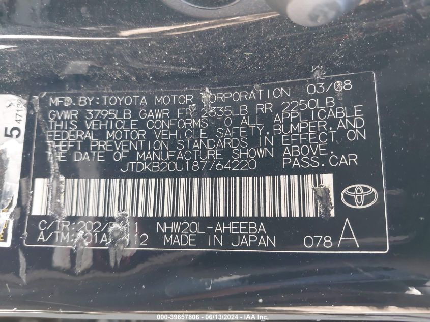 2008 Toyota Prius VIN: JTDKB20U187764220 Lot: 39657806