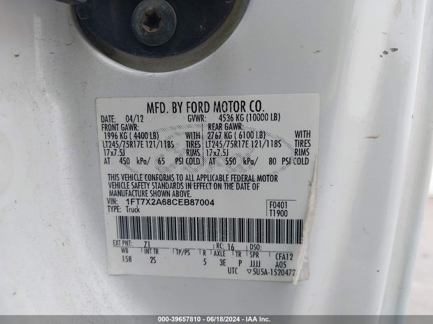 2012 Ford F-250 Xlt VIN: 1FT7X2A68CEB87004 Lot: 39657810