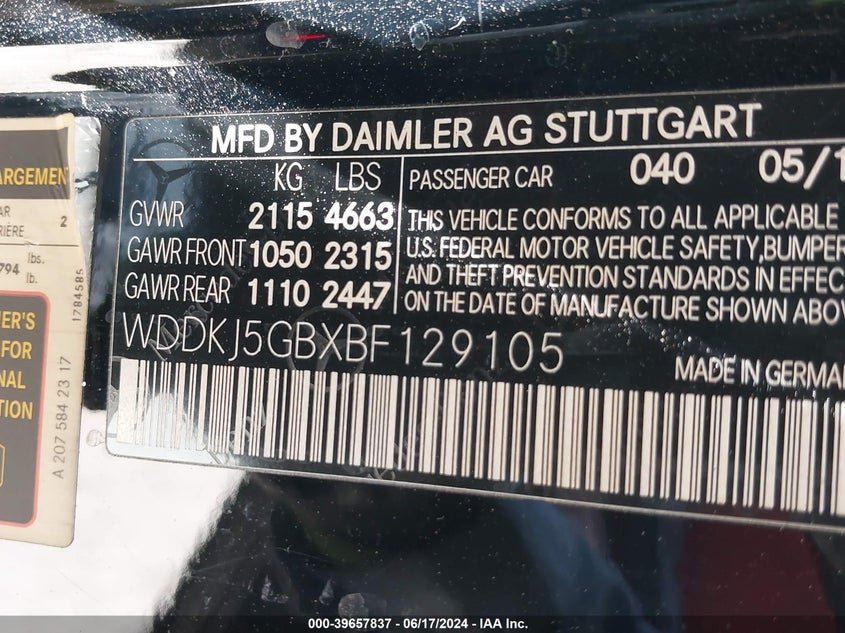 2011 Mercedes-Benz E 350 VIN: WDDKJ5GBXBF129105 Lot: 39657837