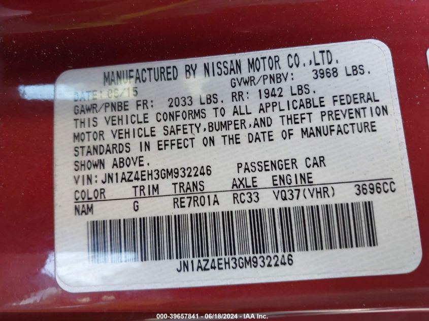 2016 Nissan 370Z Sport Tech VIN: JN1AZ4EH3GM932246 Lot: 39657841