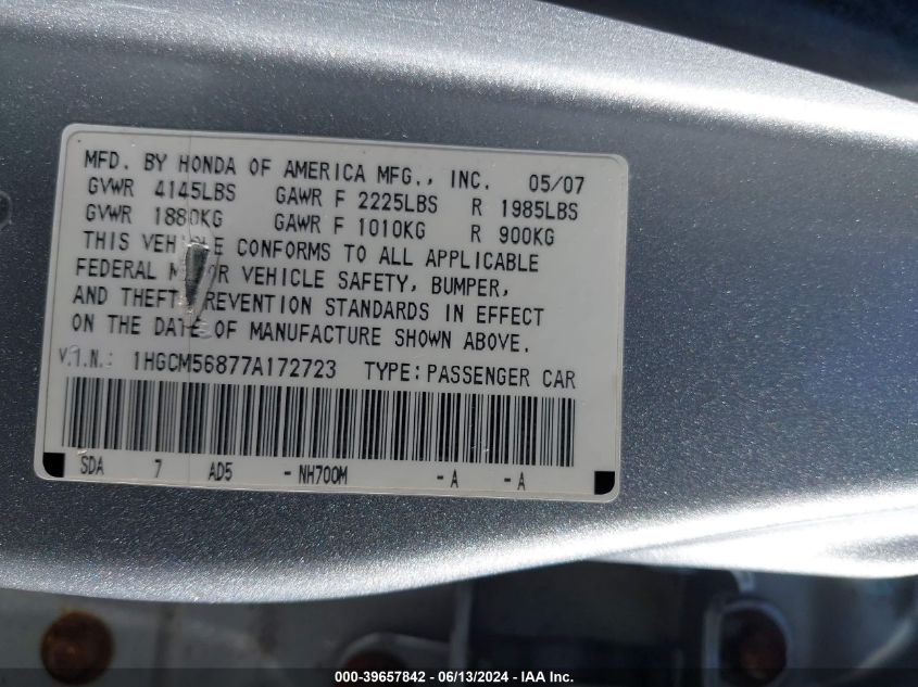 1HGCM56877A172723 | 2007 HONDA ACCORD