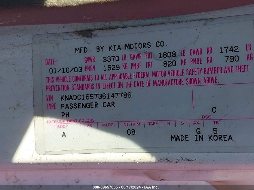 2003 Kia Rio Cinco VIN: KNADC165736147786 Lot: 39657855