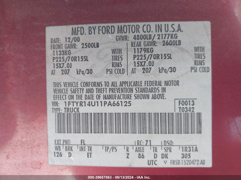 2001 Ford Ranger Super Cab VIN: 1FTYR14U11PA66125 Lot: 39657863