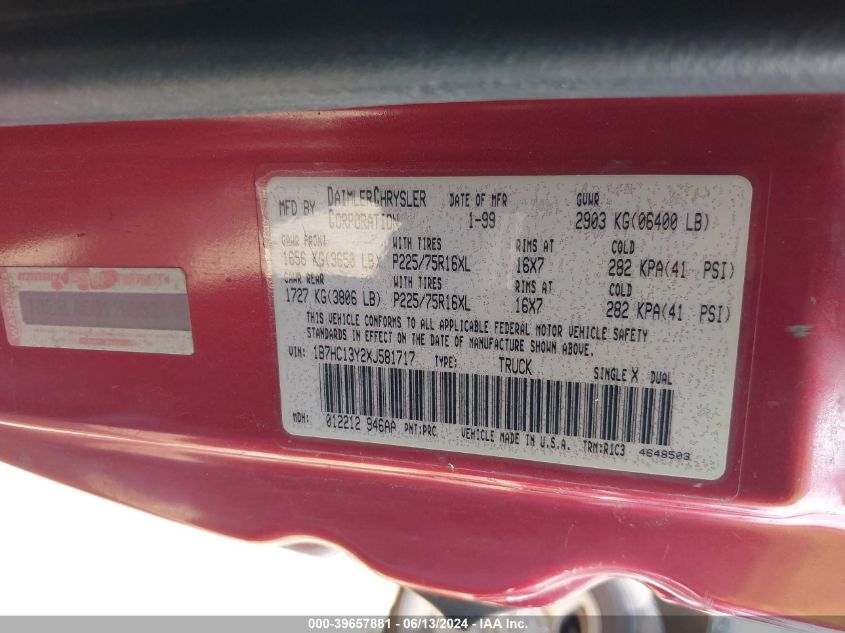 1999 Dodge Ram 1500 St VIN: 1B7HC13Y2XJ581717 Lot: 39657881