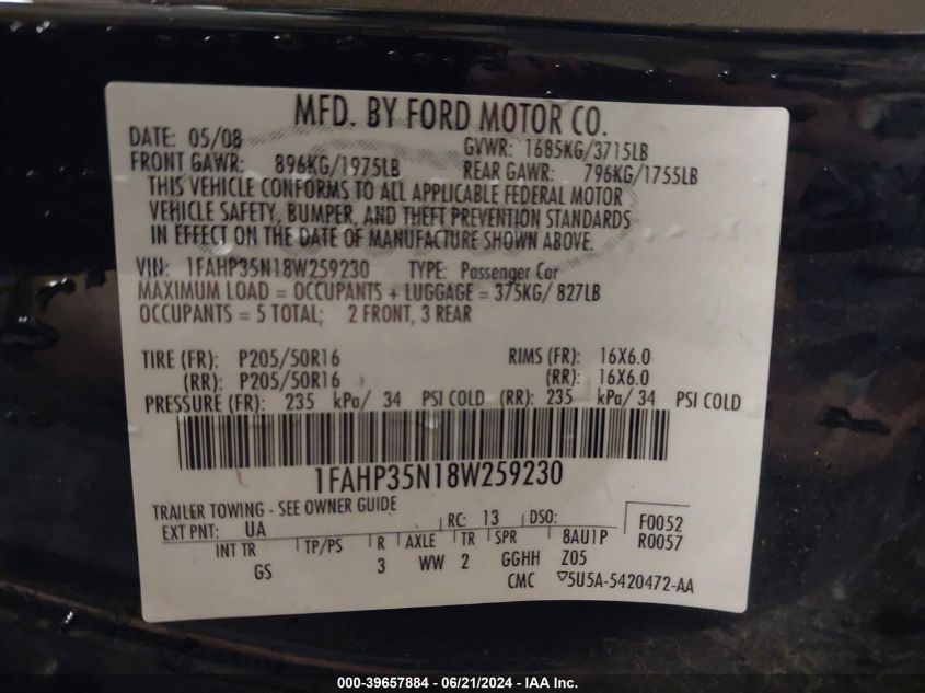 2008 Ford Focus Se/Ses VIN: 1FAHP35N18W259230 Lot: 39657884