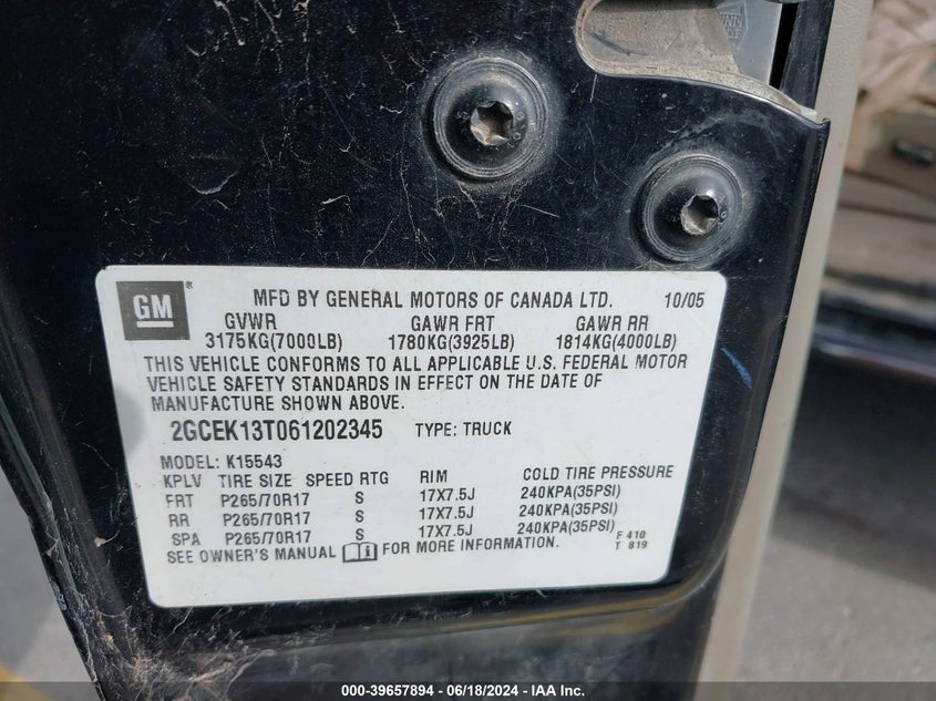 2006 Chevrolet Silverado 1500 Lt3 VIN: 2GCEK13T061202345 Lot: 39657894