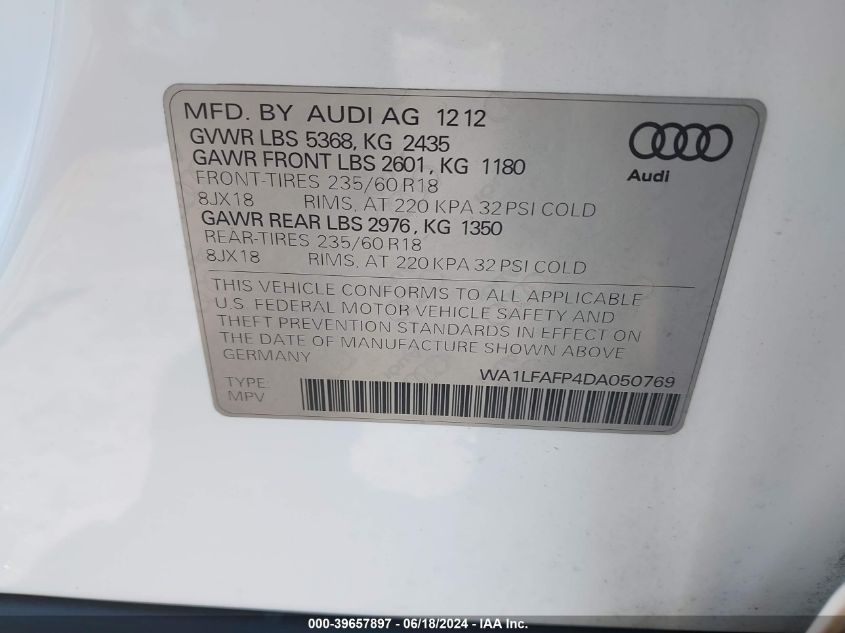 2013 Audi Q5 2.0T Premium VIN: WA1LFAFP4DA050769 Lot: 39657897