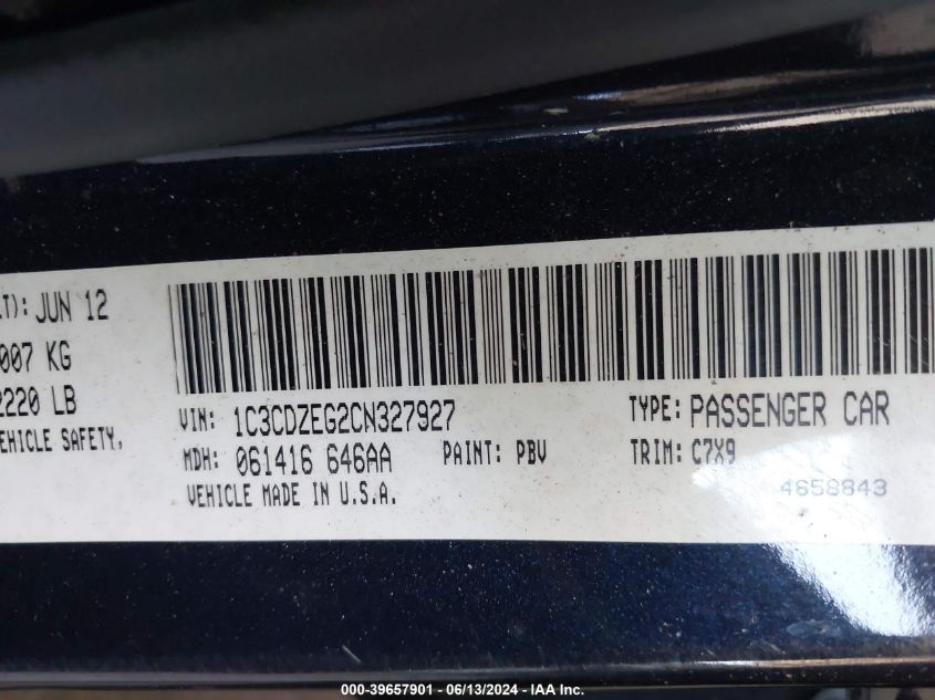 2012 Dodge Avenger Sxt Plus VIN: 1C3CDZEG2CN327927 Lot: 39657901