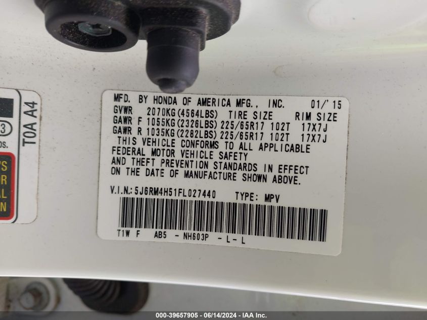 2015 Honda Cr-V Ex VIN: 5J6RM4H51FL027440 Lot: 39657905