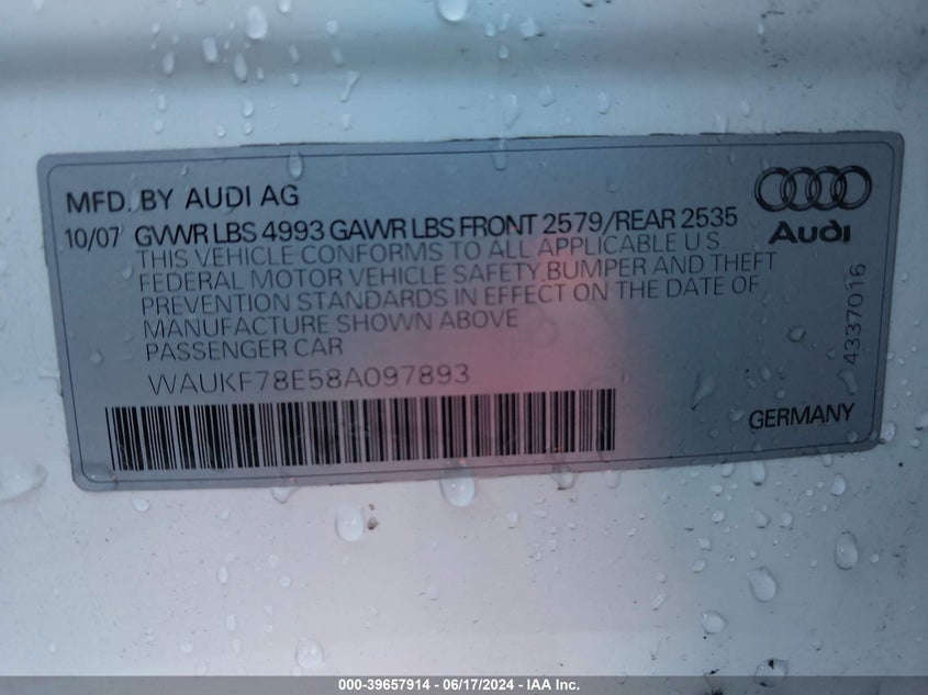 2008 Audi A4 2.0T/2.0T Avant Special Edition VIN: WAUKF78E58A097893 Lot: 39657914