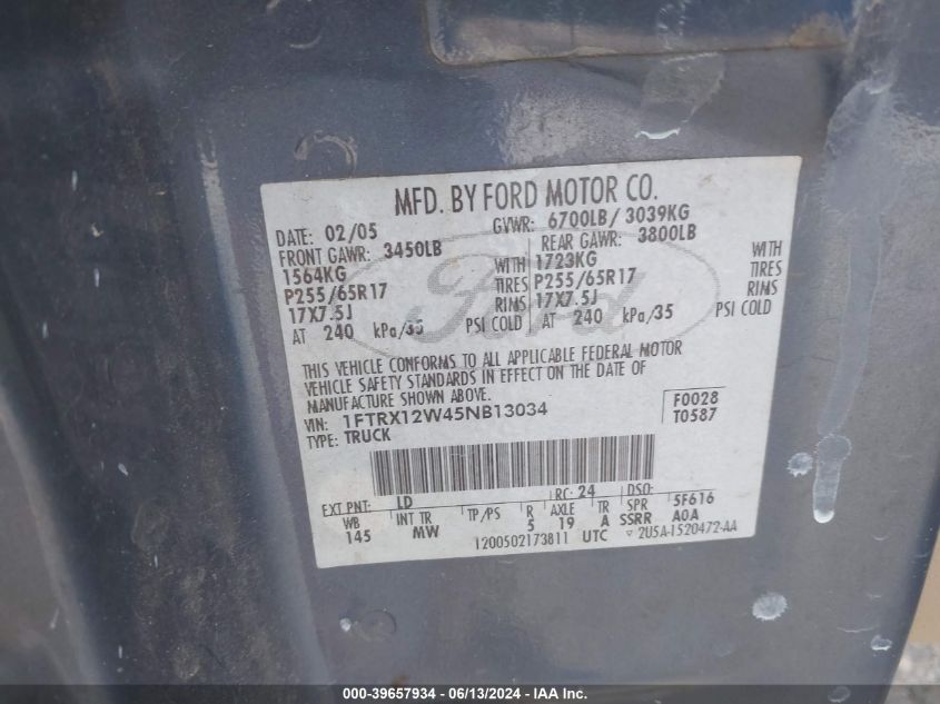 2005 Ford F-150 Stx/Xl/Xlt VIN: 1FTRX12W45NB13034 Lot: 39657934