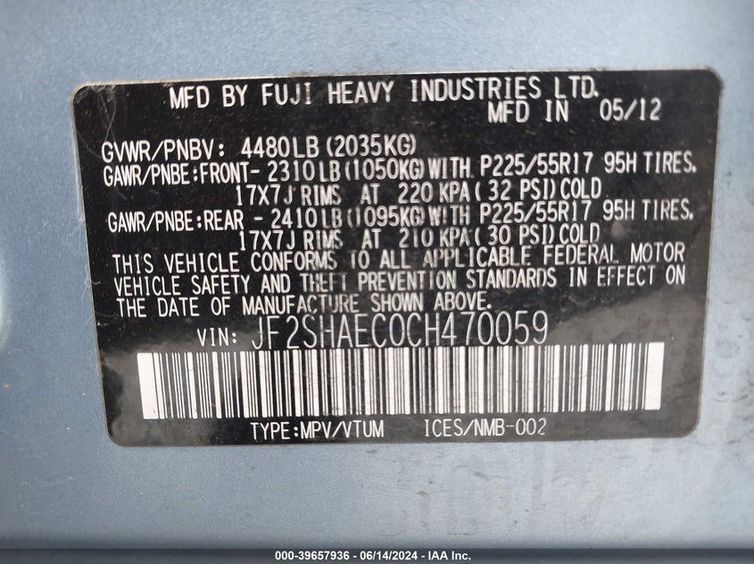 2012 Subaru Forester 2.5X Limited VIN: JF2SHAEC0CH470059 Lot: 39657936